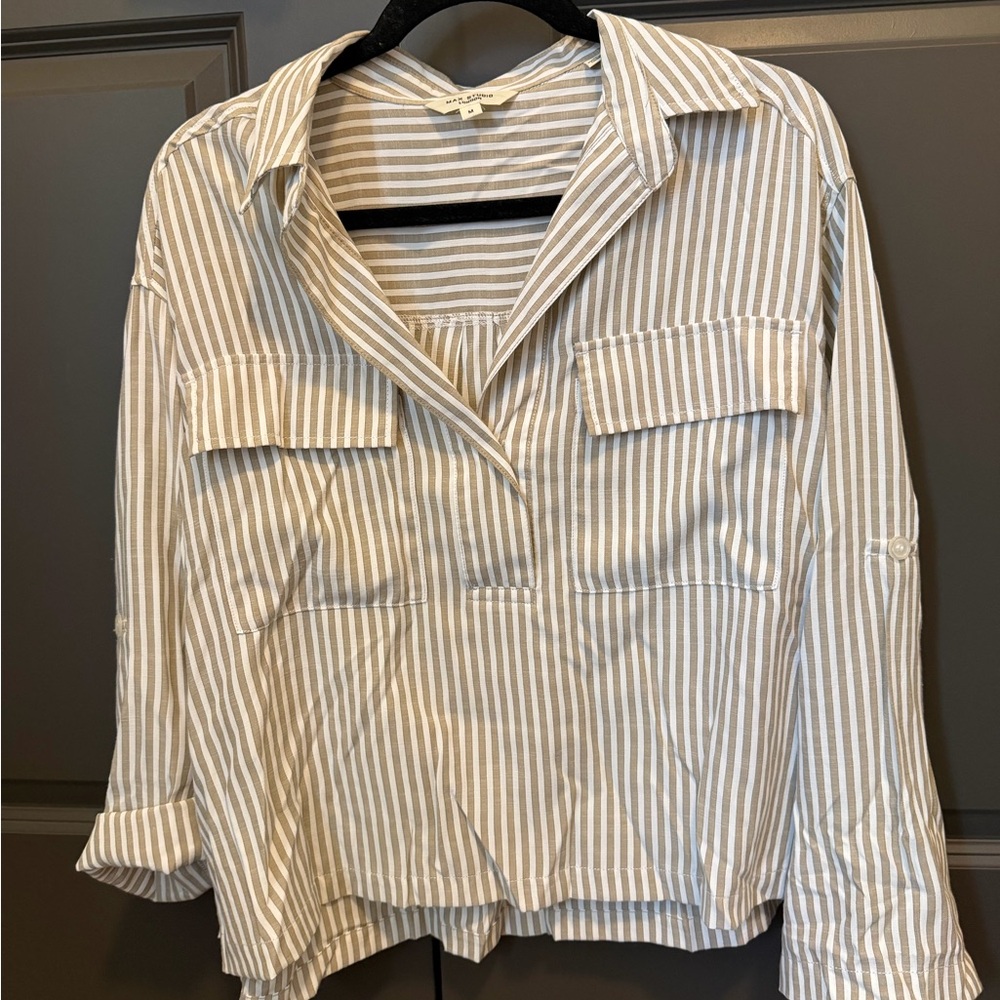 Max Studio Beige and White Striped Button-Front Tunic
